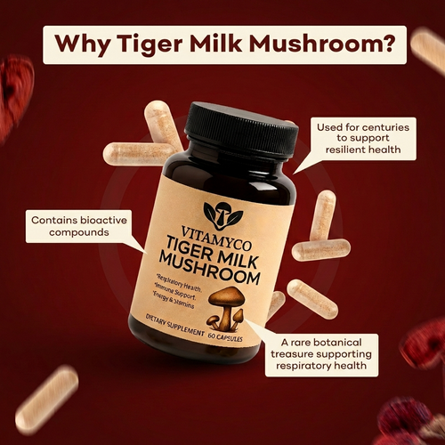 Vitamycoco Tiger Milk Mushroom supplement bottle with text on a red background