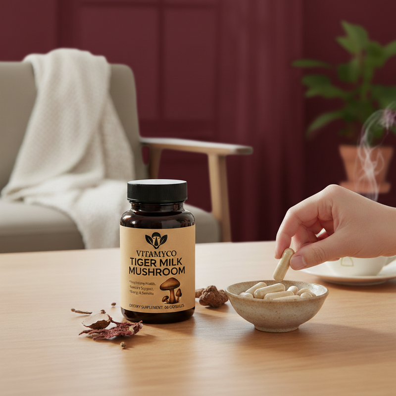 Vitamyo Tiger Milk Mushroom supplement bottle on a table with a hand taking a capsule. 