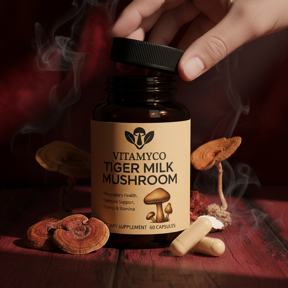 Vitamycoco Tiger Milk Mushroom supplement bottle with mushrooms on a dark background