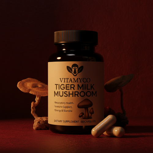 Vitamyco Tiger Milk Mushroom dietary supplement bottle with capsules on a red dark background 
